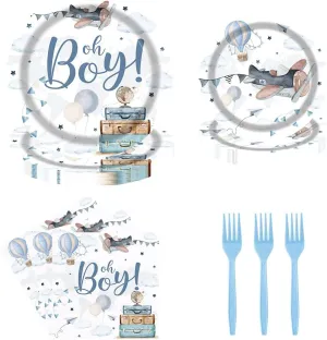 Airplane Baby Shower Party Tableware Set 96 Pcs Oh Boy Airplane Cloud Hot Air Balloon Decor for Boys Travel Adventure Disposable Plates Napkins Forks Decorations Serve 24 Guests