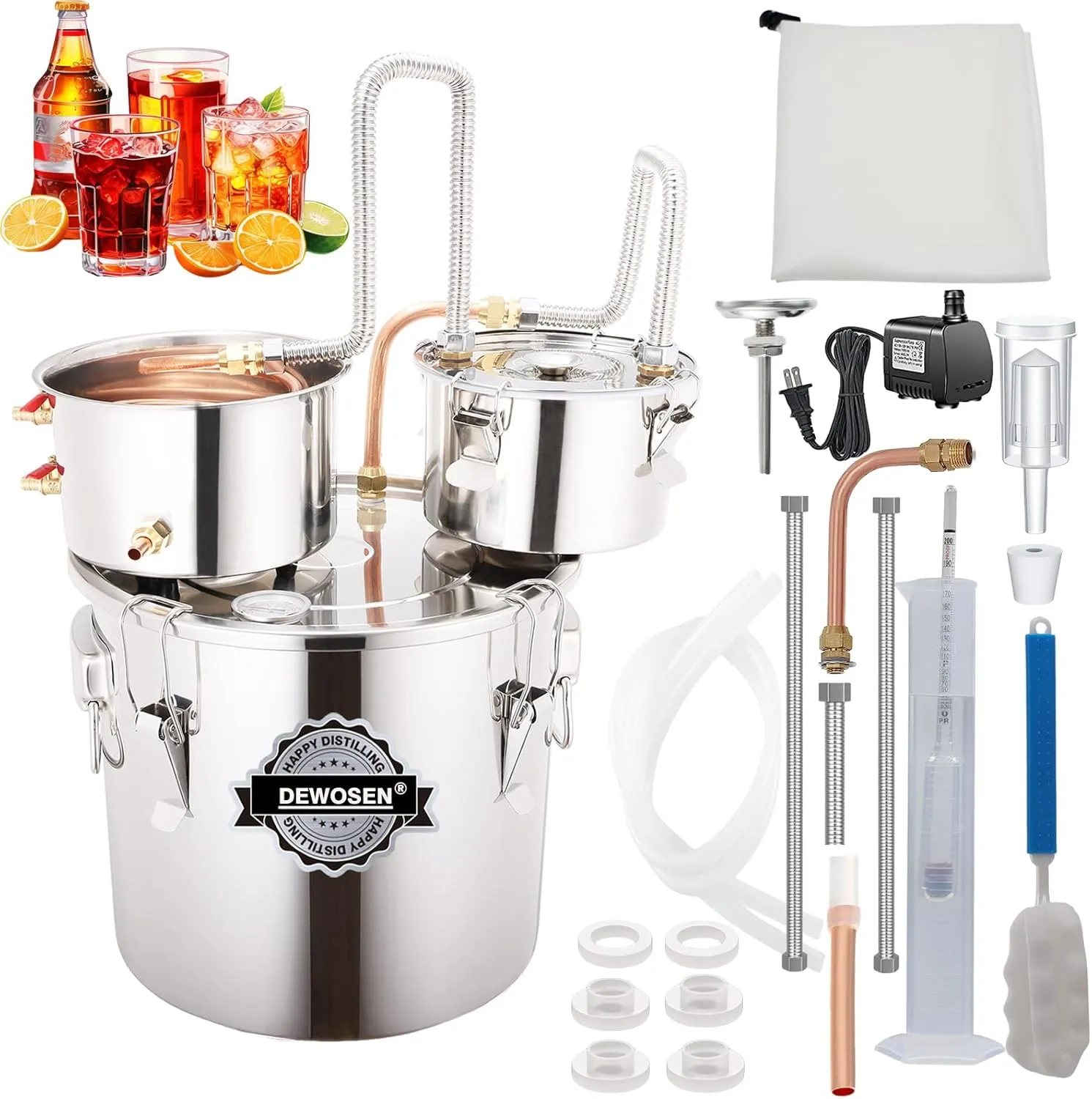 Alcohol Still 5 Gallon 3 Pots Shine Still Distillery Kit for Alcohol Stainless Copper Tube Complete with Thumper Keg Water Pump Metal Thermometer Airlock Brew Bag Proof Alcoholmeter Test Kit