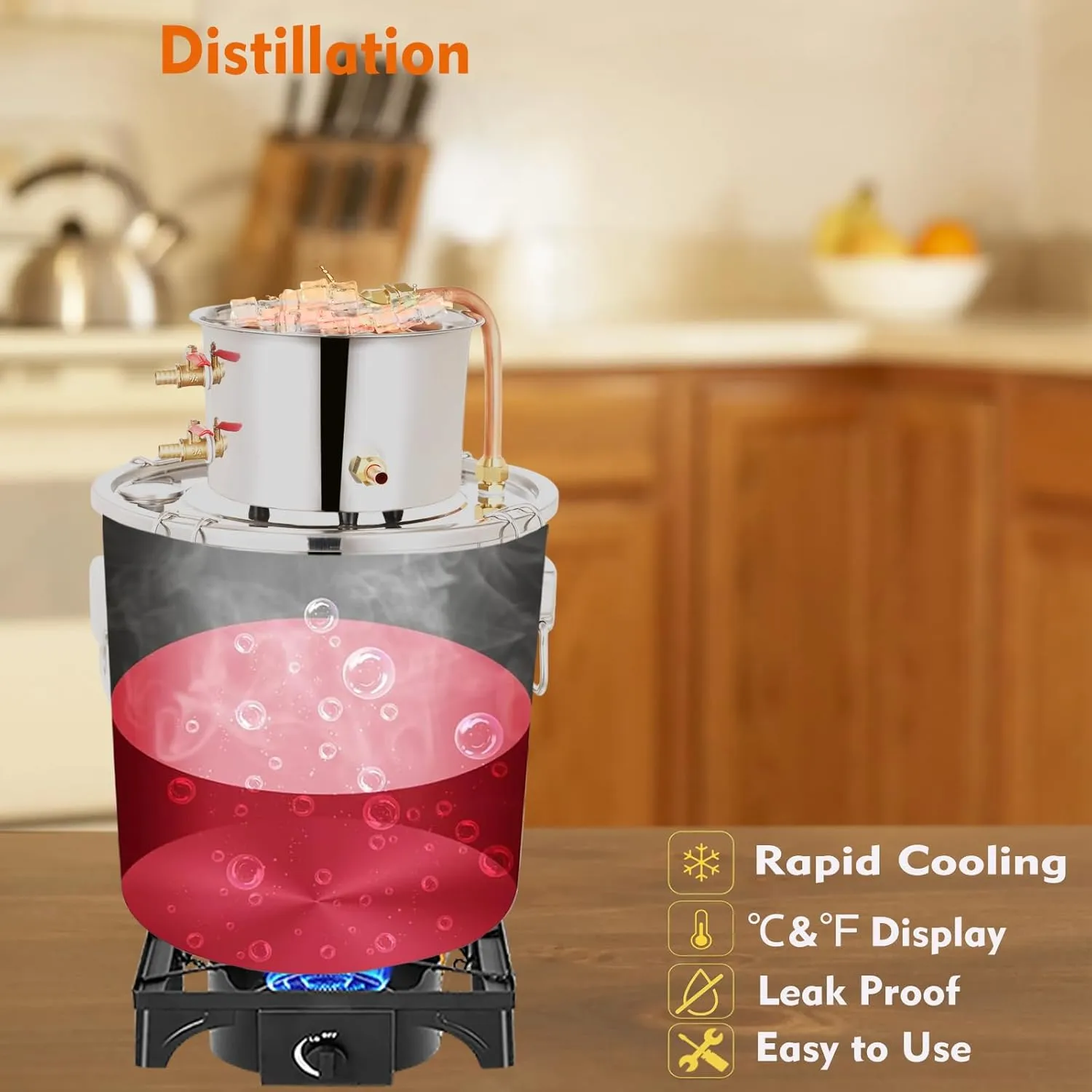 Alcohol Still 8 GAL 2 Pots Shine Still Distillery Kit for Alcohol Stainless Copper Tube Complete with Water Pump Metal Thermometer Airlock Brew Bag Proof Alcoholmeter Test Kit