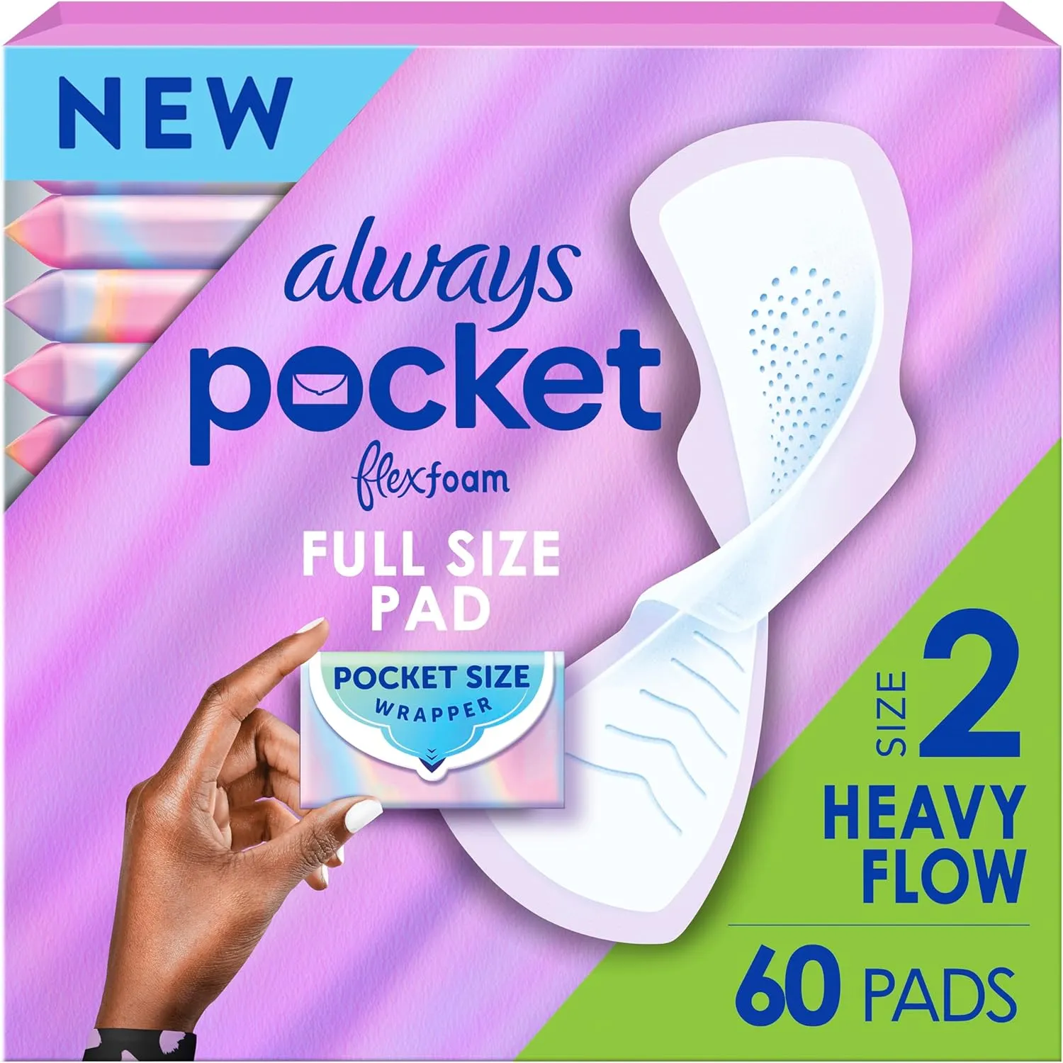 Always Pocket Feminine Pads for Women with FlexFoam, Size 2, Heavy Flow, with Wings, Unscented, 60 Count