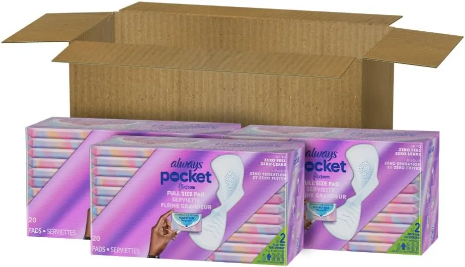 Always Pocket Feminine Pads for Women with FlexFoam, Size 2, Heavy Flow, with Wings, Unscented, 60 Count