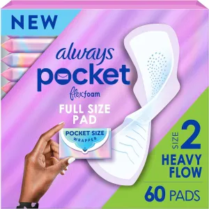 Always Pocket Feminine Pads for Women with FlexFoam, Size 2, Heavy Flow, with Wings, Unscented, 60 Count