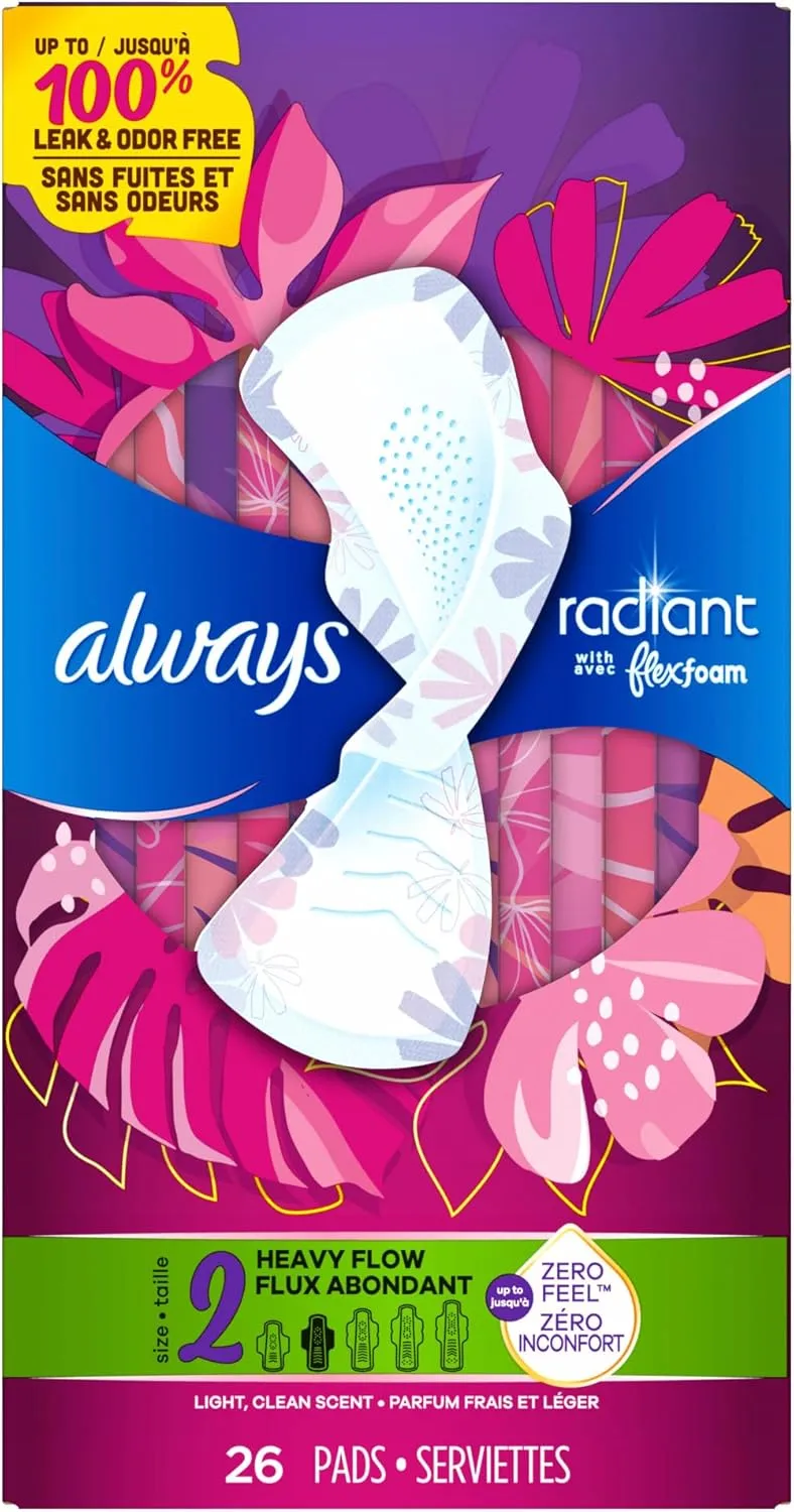 Always Radiant Feminine Pads for Women, Flexfoam Pads with Wings, Size 2, Heavy Absorbency, Lightly Scented, 26 Count x 3 Packs (78 Count total) (Packaging May Vary)