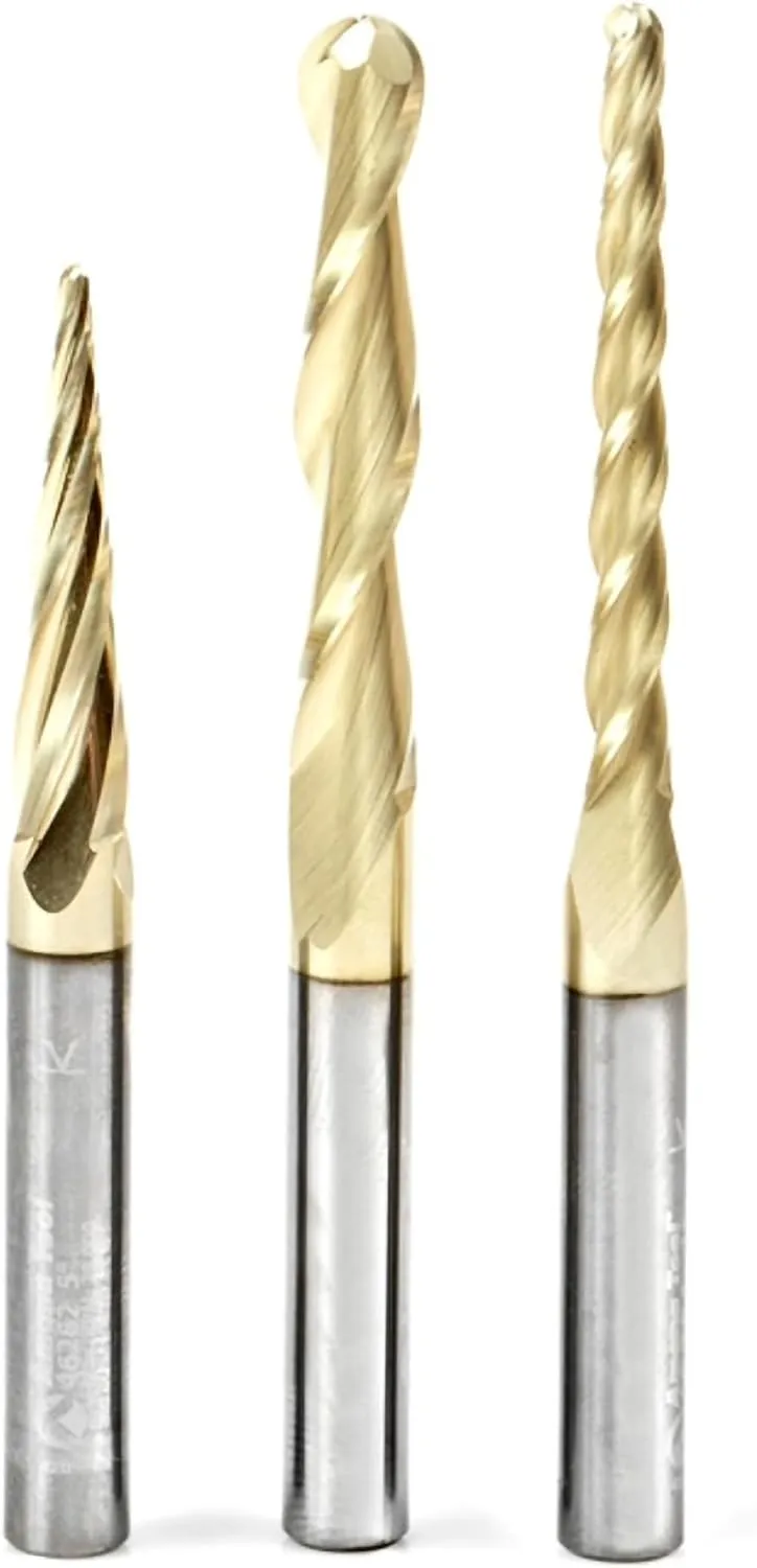 Amana Tool Up Cut Spiral CNC Router Bits Set for 2D/3D Carving Ball Nose, ZrN Coated, AMS-142, 3-Pc, 1/4 Inch Shank, 1/16, 1/8 and 1/4 Diameters