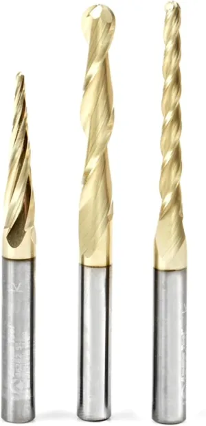 Amana Tool Up Cut Spiral CNC Router Bits Set for 2D/3D Carving Ball Nose, ZrN Coated, AMS-142, 3-Pc, 1/4 Inch Shank, 1/16, 1/8 and 1/4 Diameters