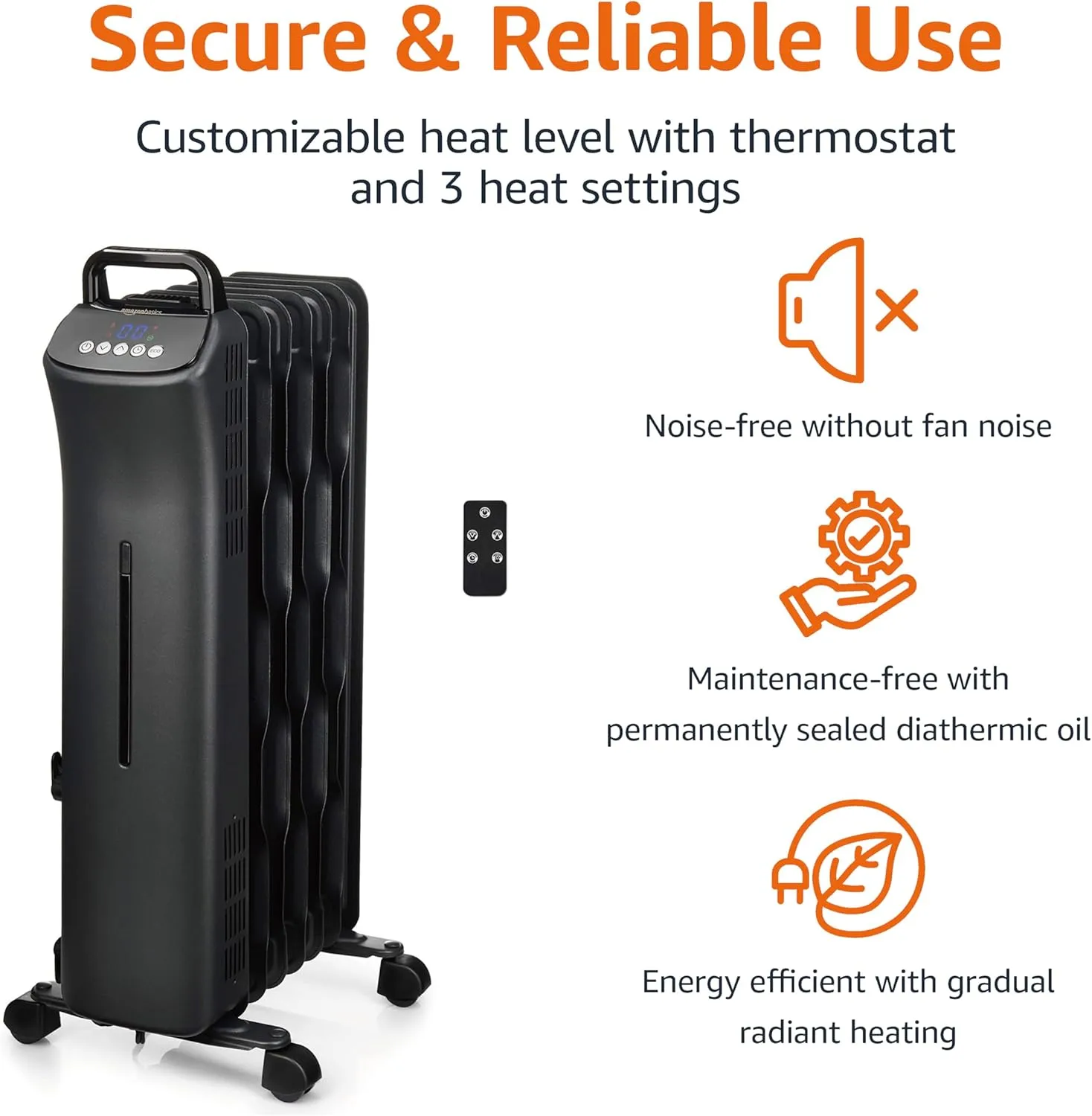 Amazon Basics Oil Space Heater with Remote Control, Portable Radiator Heater with 7 Oil-Filled Fins Indoor Uses, 3 Heat Settings, Thermostat, Tip-Over Protection, ETL Safety Certificate, 1500W, Black