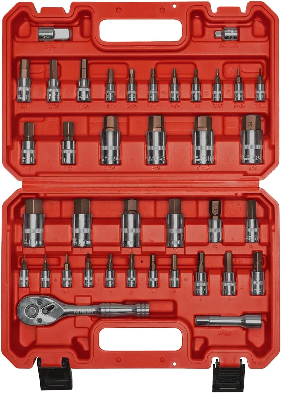 AMM 38PCS Master Allen Socket Set，SAE and Metric Hex Bit Socket Set，1/4"， 3/8"，1/2" Drive，H1.5 ~ H19 & H1/16 ~ H3/4，3/8" Ratchet，Extension Bar and Socket Adapters