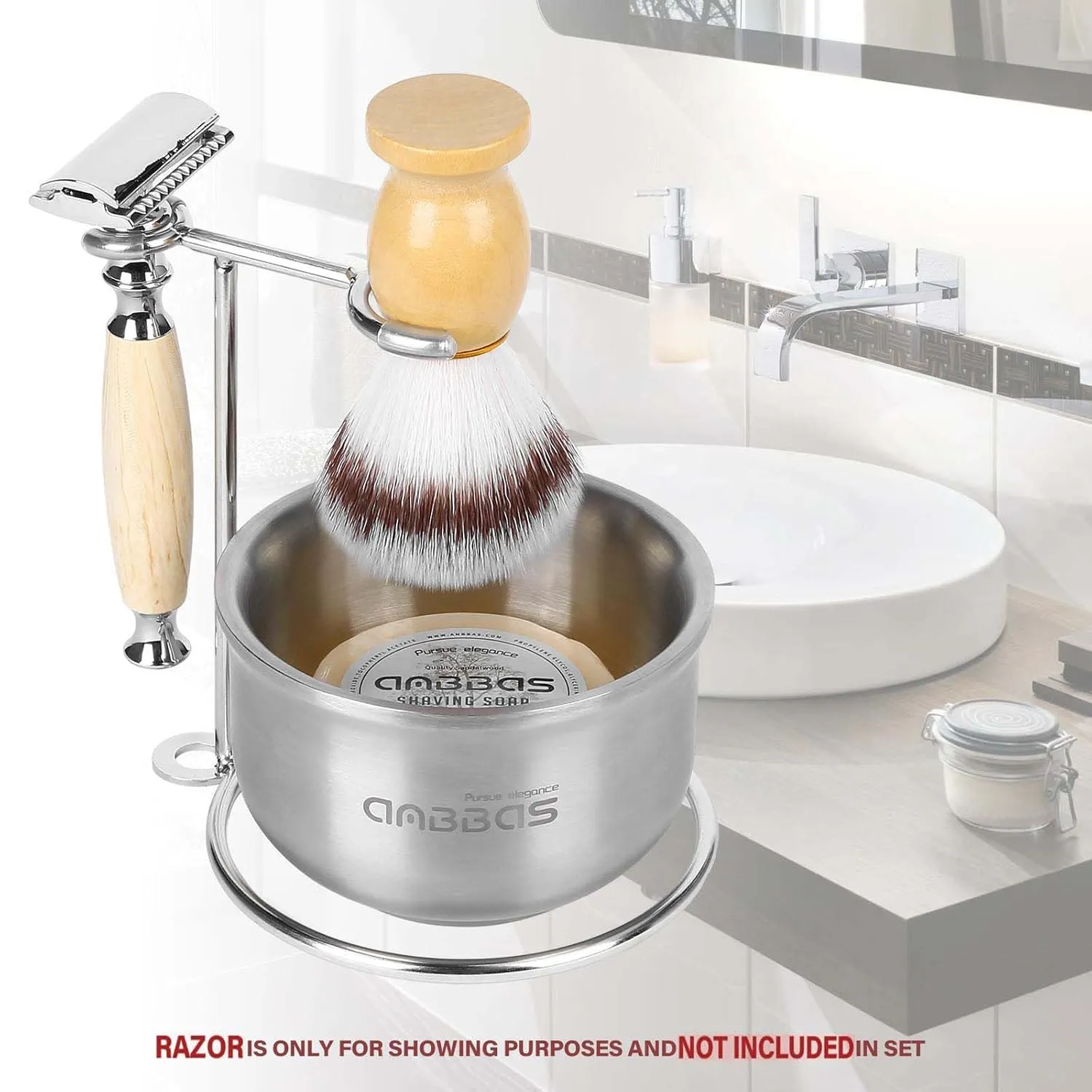 Anbbas Faux Badger Shaving Brush,Stainless Steel Shaving Razor and Brush Stand, Shaving Bowl and 100g Natural Soap Puck Refill,4in1 Wet Shave Kit for Men