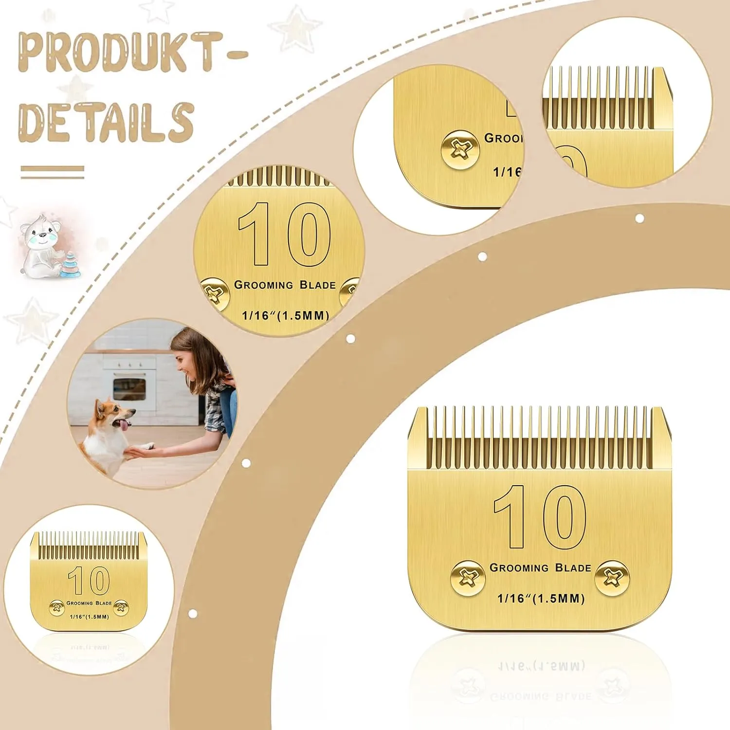 Andis/Oster A5/Wahl KM-10 Series Compatible 6PCS Detachable Dog Clipper Blades (Gold-#10, 30, 40, 4FC, 5FC, 7FC)