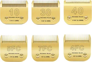 Andis/Oster A5/Wahl KM-10 Series Compatible 6PCS Detachable Dog Clipper Blades (Gold-#10, 30, 40, 4FC, 5FC, 7FC)