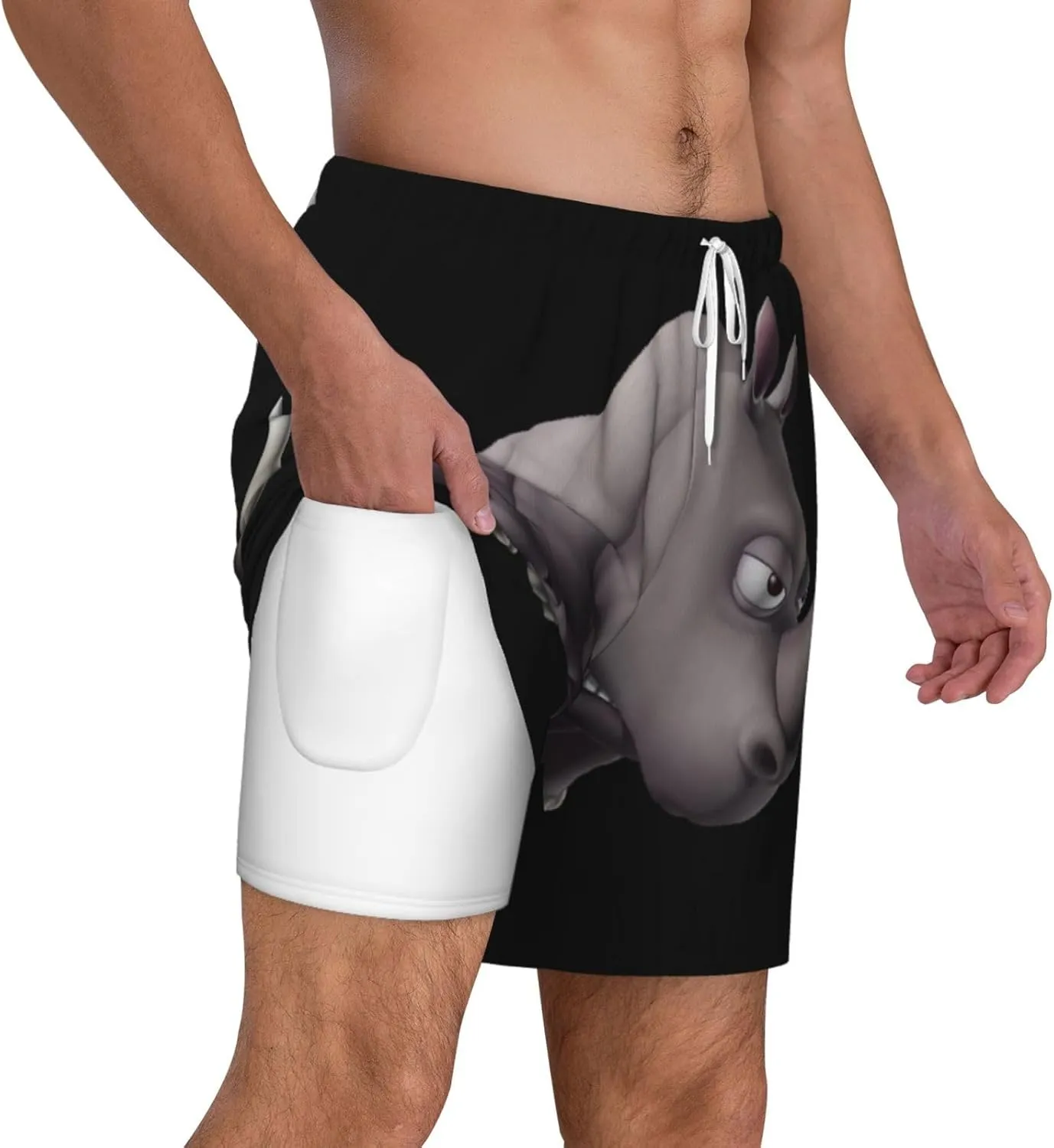 Angry Rhino Print Men's Double Layer Swim Shorts, Gym Workout Shorts with Pocket
