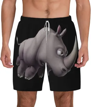 Angry Rhino Print Men's Double Layer Swim Shorts, Gym Workout Shorts with Pocket