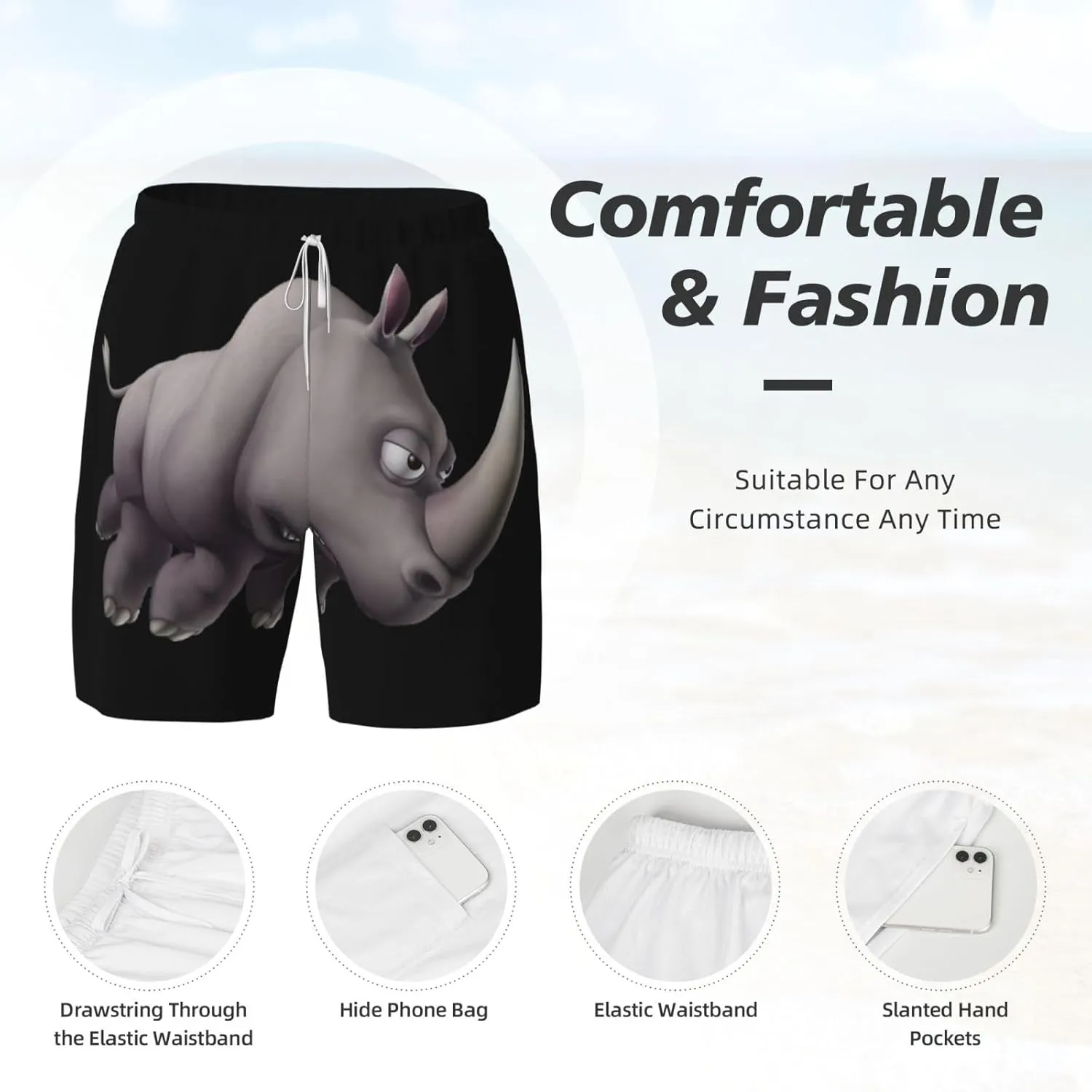 Angry Rhino Print Men's Double Layer Swim Shorts, Gym Workout Shorts with Pocket