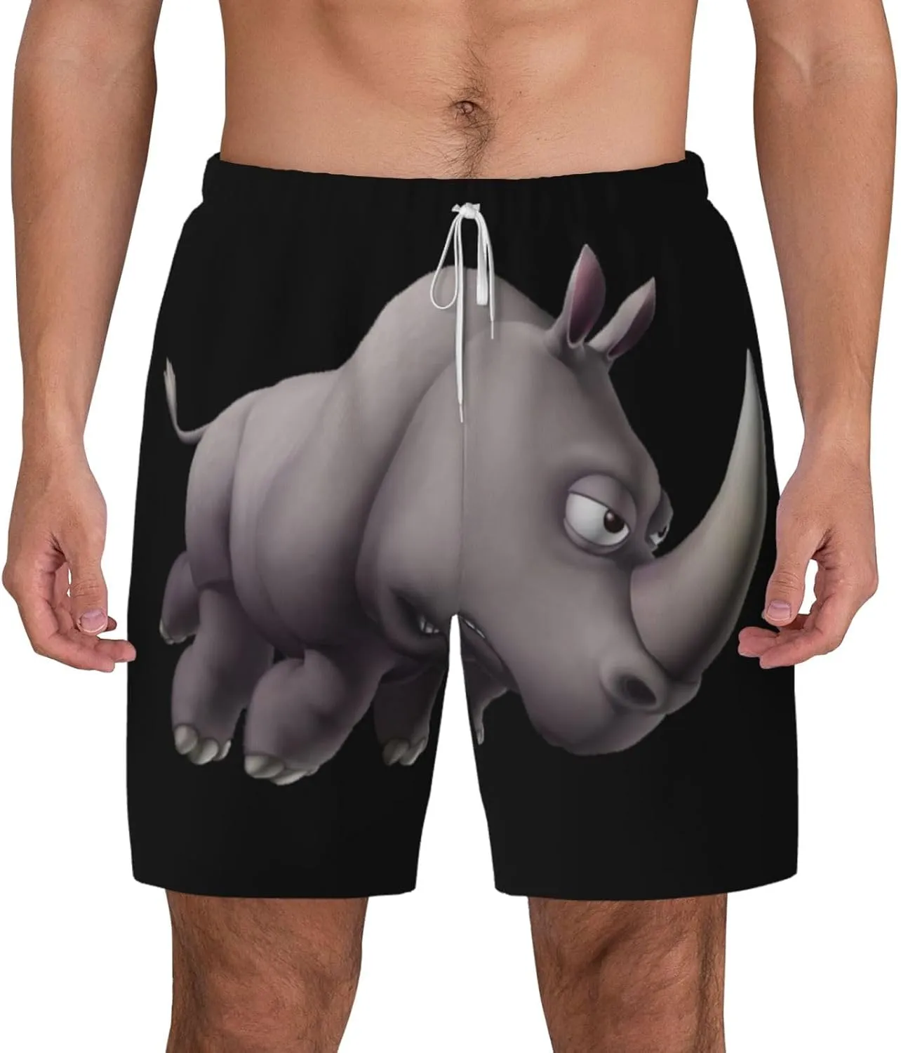 Angry Rhino Print Men's Double Layer Swim Shorts, Gym Workout Shorts with Pocket