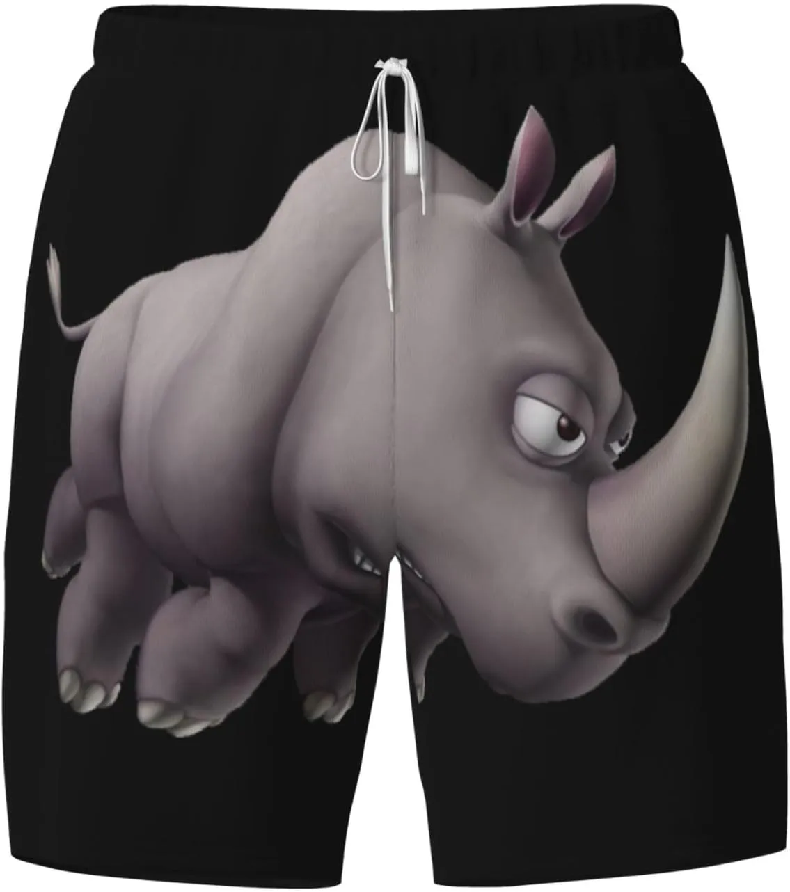 Angry Rhino Print Men's Double Layer Swim Shorts, Gym Workout Shorts with Pocket