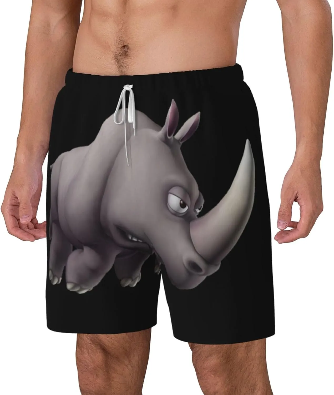 Angry Rhino Print Men's Double Layer Swim Shorts, Gym Workout Shorts with Pocket