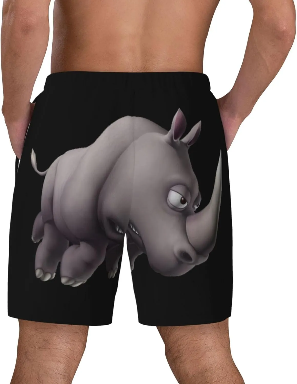 Angry Rhino Print Men's Double Layer Swim Shorts, Gym Workout Shorts with Pocket