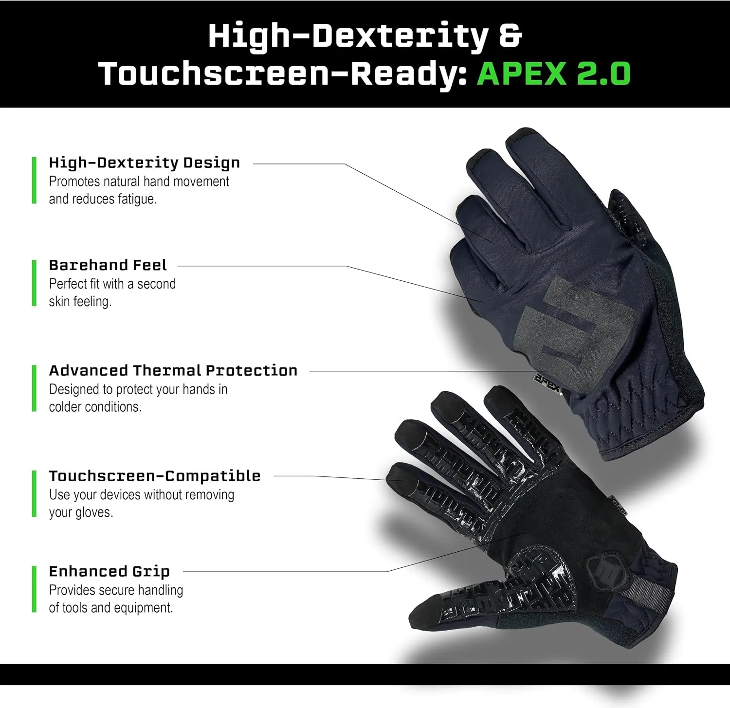 APEX 2.0 Cold Weather Gloves Touchscreen Fingers, Thermal Insulated for Winter Work Tactical Shooting Hunting Sports