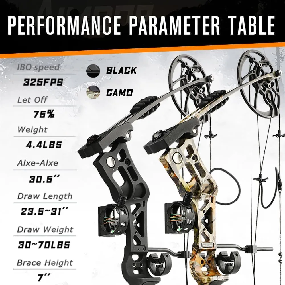 Archery Hunting Compound Bow Kit RTH 30-70 LBS Draw Length 23.5"-31", IBO 325FPS, Target Shooting Bow with Accessories for Bowfishing Archery Hunting