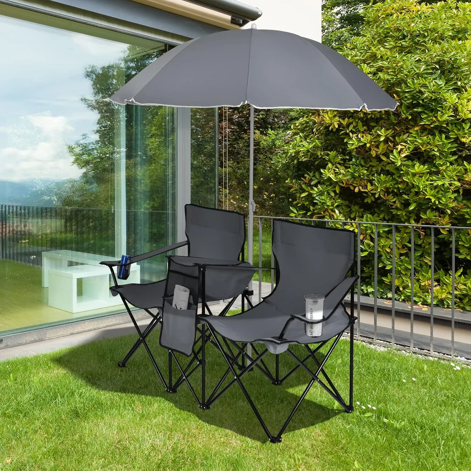 ARLIME Double Folding Beach Chairs with Umbrella, Outdoor Picnic Portable Loveseat Chairs with Removable umbrella & Mini Table Carrying Bag, Camping Chair for Patio, Pool, Park (Grey)
