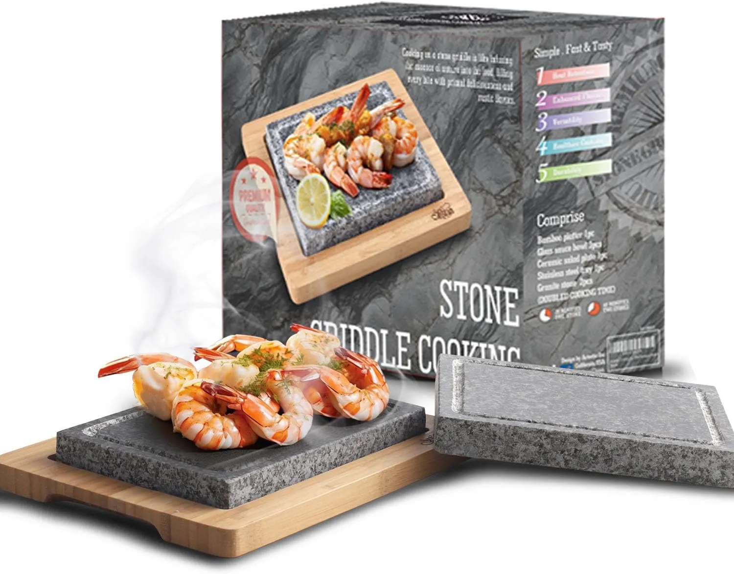 Artestia Steak Stone Grill Set with 2 Granite Stones & 1 Bamboo Tray - Premium Reusable Cooking Stone for Sizzling Steaks, BBQ, Hibachi, Kitchen & Outdoor Grilling - Heat-Resistant Natural Granite