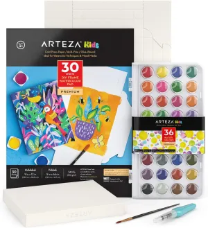 Arteza Kids Watercolor Painting Art Set, Watercolor Paint 36 and Foldable Canvas Paper Bundle, DIY Painting Kit, Art Supplies for Kids and Adults