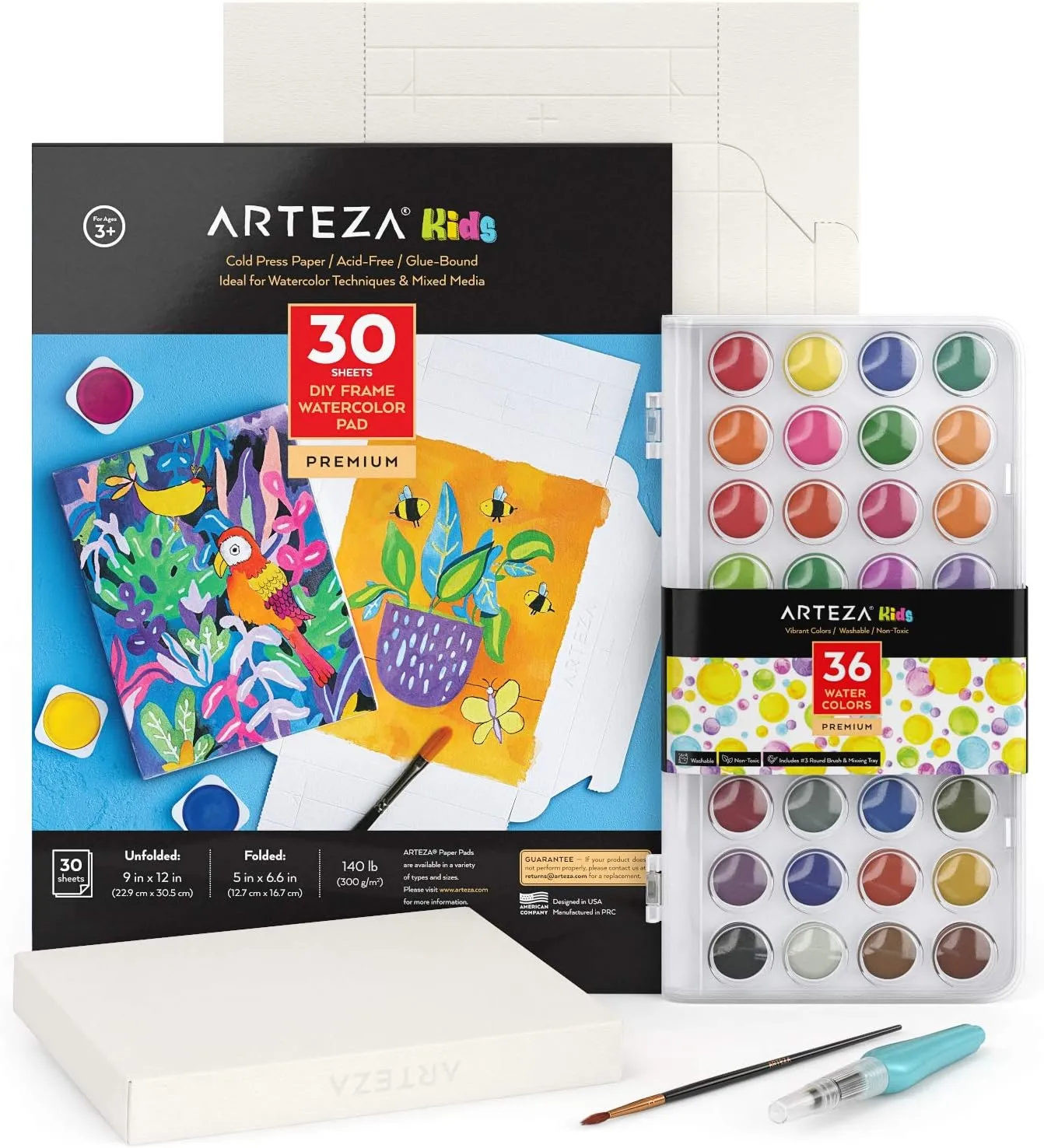 Arteza Kids Watercolor Painting Art Set, Watercolor Paint 36 and Foldable Canvas Paper Bundle, DIY Painting Kit, Art Supplies for Kids and Adults