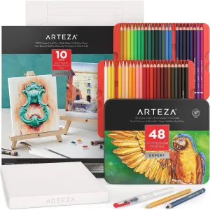 Arteza Watercolor Drawing Art Set, Watercolor Pencils and Foldable Canvas Paper Bundle Painting Set, DIY Kit, Art Supplies for Artists & Hobby Painters, White Expert, 48 Count (Pack of 1)