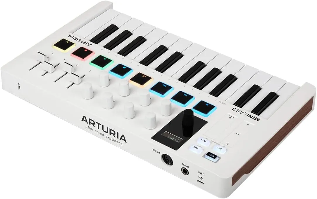 Arturia MiniLab 3 — 25 Key USB MIDI Keyboard Controller With 8 Multi-Color Drum Pads, 8 Knobs and Music Production Software Included
