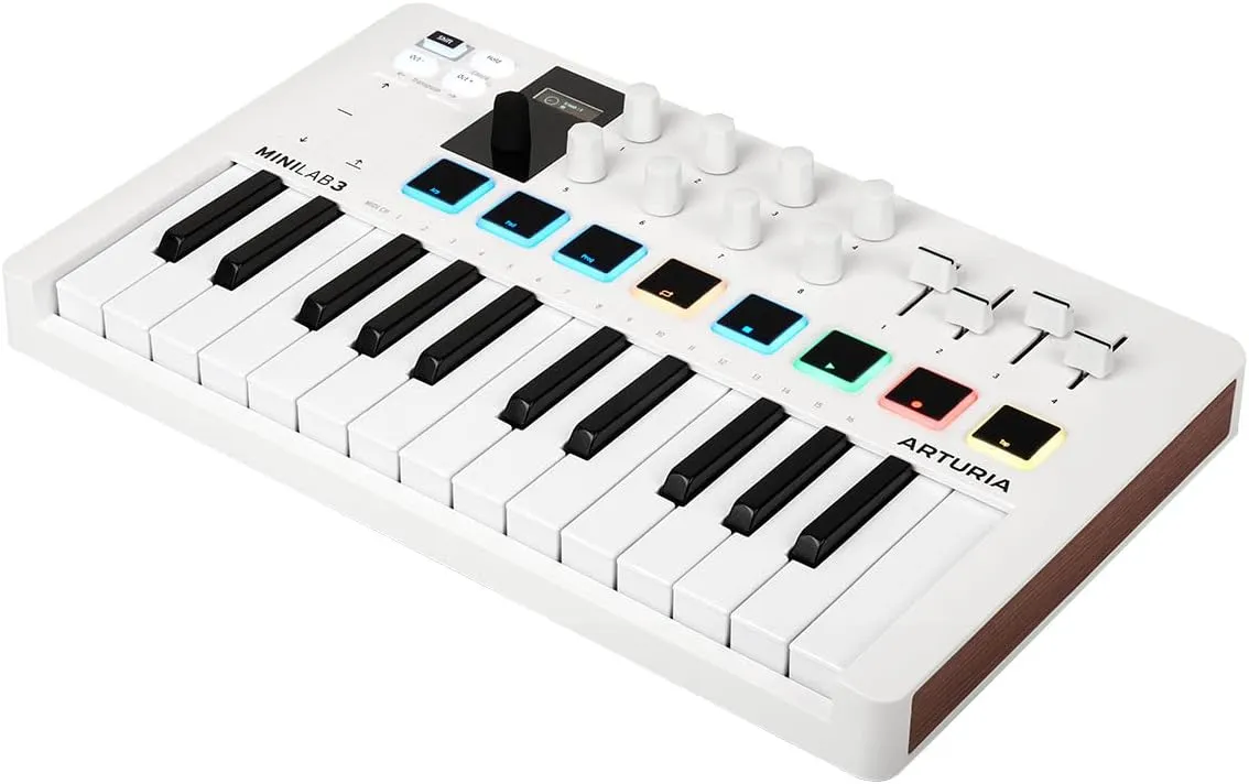 Arturia MiniLab 3 — 25 Key USB MIDI Keyboard Controller With 8 Multi-Color Drum Pads, 8 Knobs and Music Production Software Included