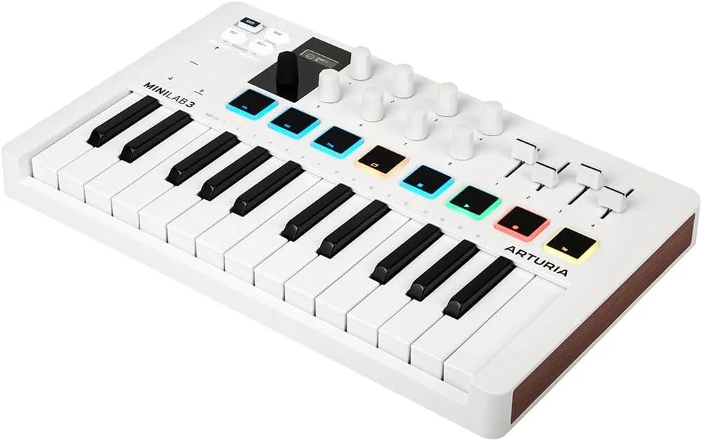 Arturia MiniLab 3 Compact MIDI Keyboard and Pad Controller | White Bundle with 6ft MIDI Cable   Microfiber Cleaning Cloth (3 Item)