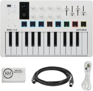 Arturia MiniLab 3 Compact MIDI Keyboard and Pad Controller | White Bundle with 6ft MIDI Cable   Microfiber Cleaning Cloth (3 Item)