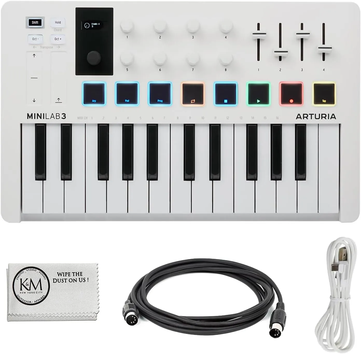 Arturia MiniLab 3 Compact MIDI Keyboard and Pad Controller | White Bundle with 6ft MIDI Cable   Microfiber Cleaning Cloth (3 Item)