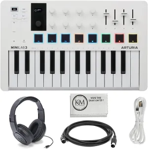 Arturia MiniLab 3 Compact MIDI Keyboard and Pad Controller (White) Bundle with Over-the-Ear Headphones   6ft MIDI Cable & Cleaning Cloth (4 Items)