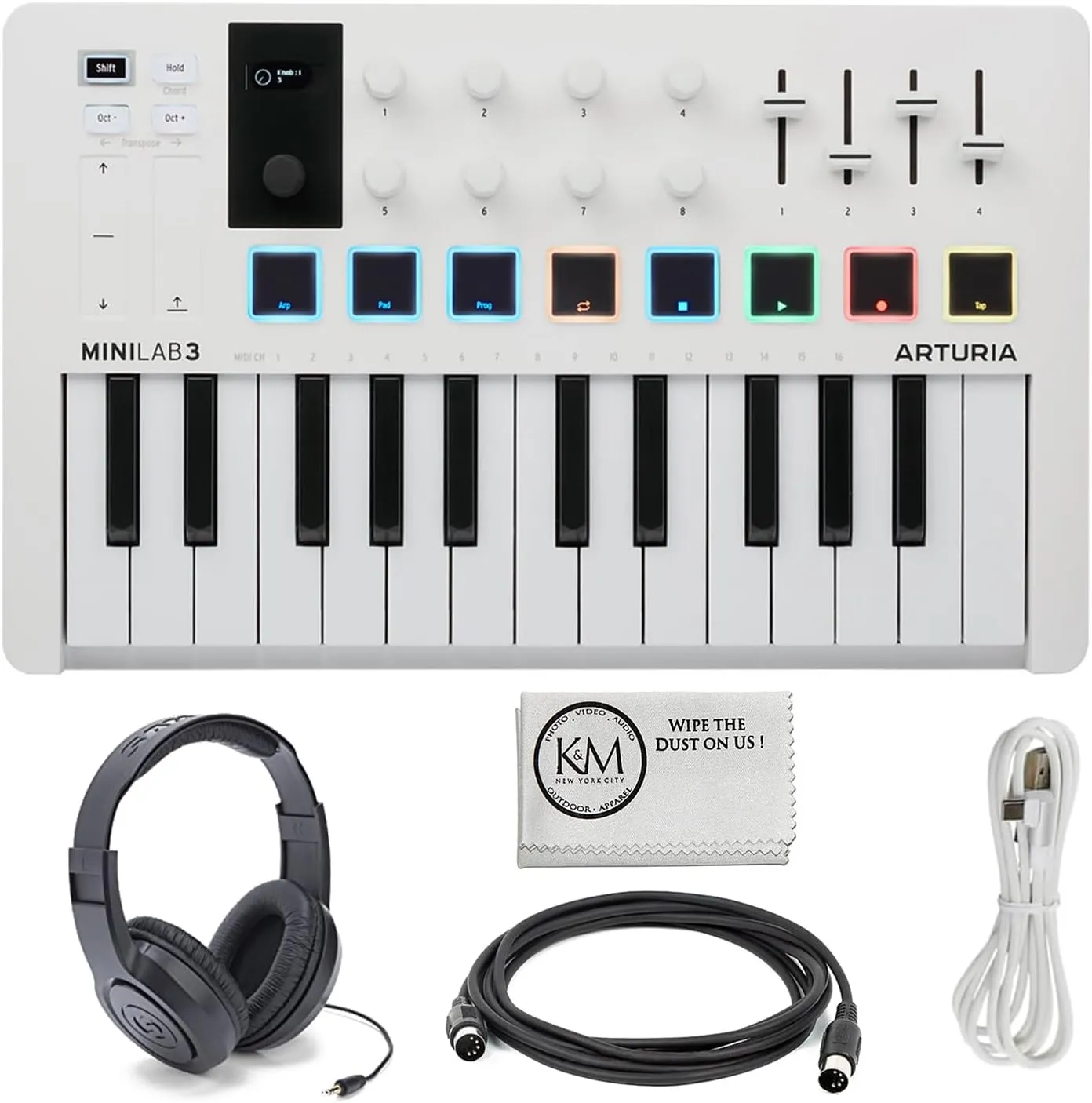 Arturia MiniLab 3 Compact MIDI Keyboard and Pad Controller (White) Bundle with Over-the-Ear Headphones   6ft MIDI Cable & Cleaning Cloth (4 Items)