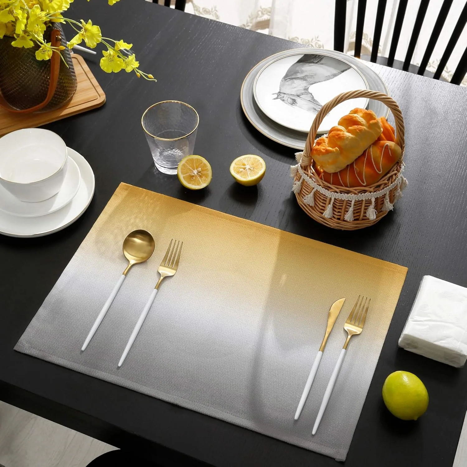 Artwork Store Yellow Grey Placemats Set of 6, Cotton Linen Heat Resistant Table Mats Non-Slip Washable Yellow Grey Ombre Placemat for Holiday Banquet Dining Table Kitchen Decor…
