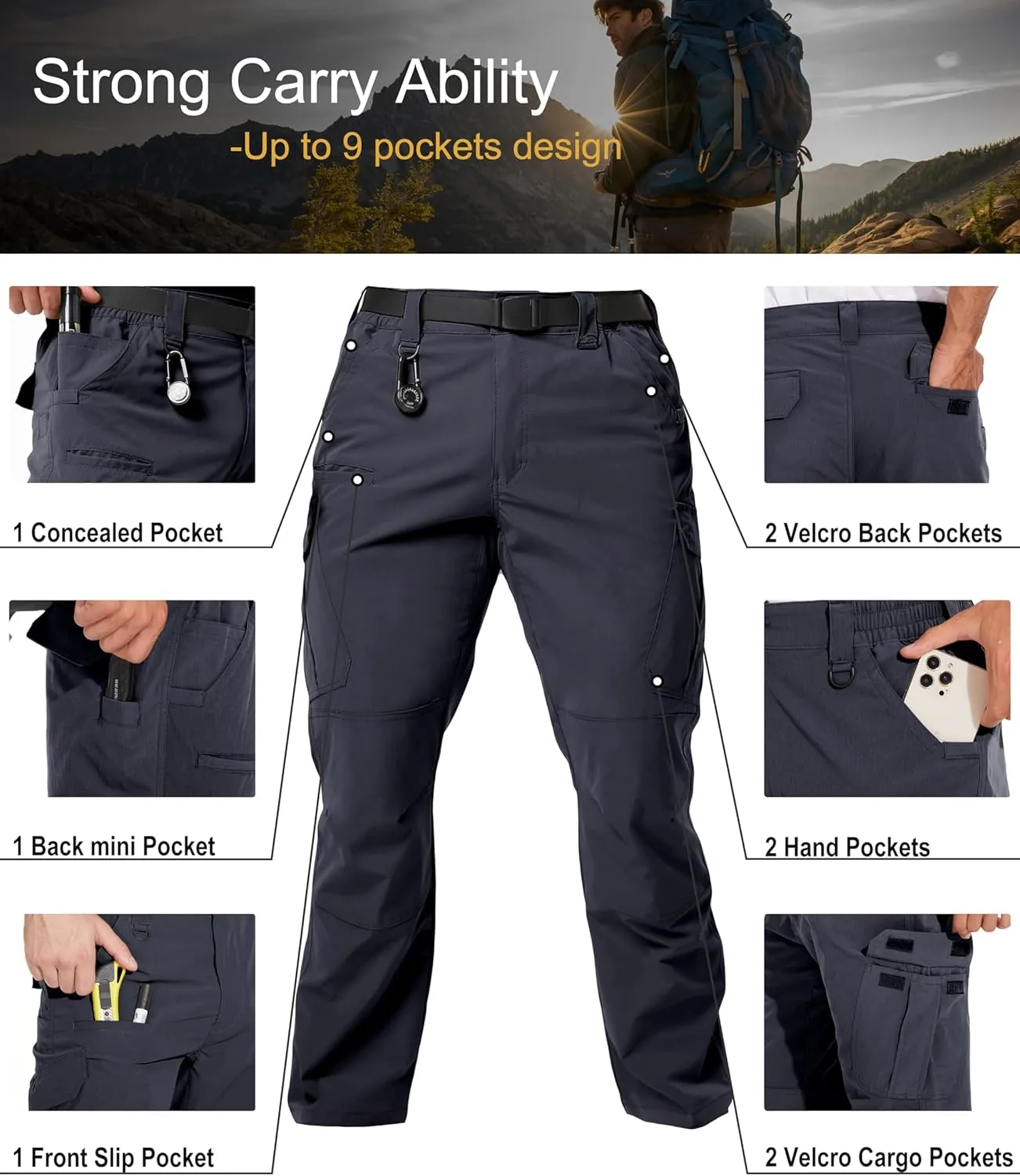Arunlluta Men’s Tactical Pants, Ripstop Water Resistant Cargo Work Pants for Men, Stretch Hiking Pants Lightweight