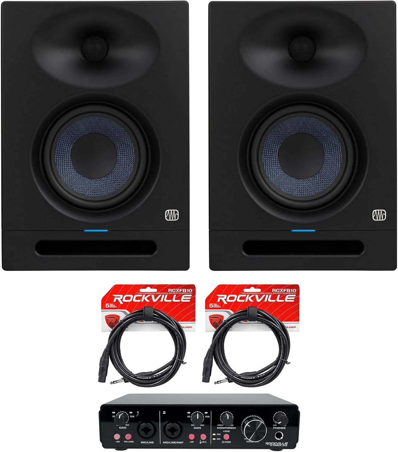 Audiosavings Bundle: (2) Presonus Eris Studio 8 Powered Active 8" Studio Monitor Speakers Bundle with (2) Rockville RCXFB10B 10' Cable   (1) R-Track 2x2 USB Computer Recording Interface (5 Item)