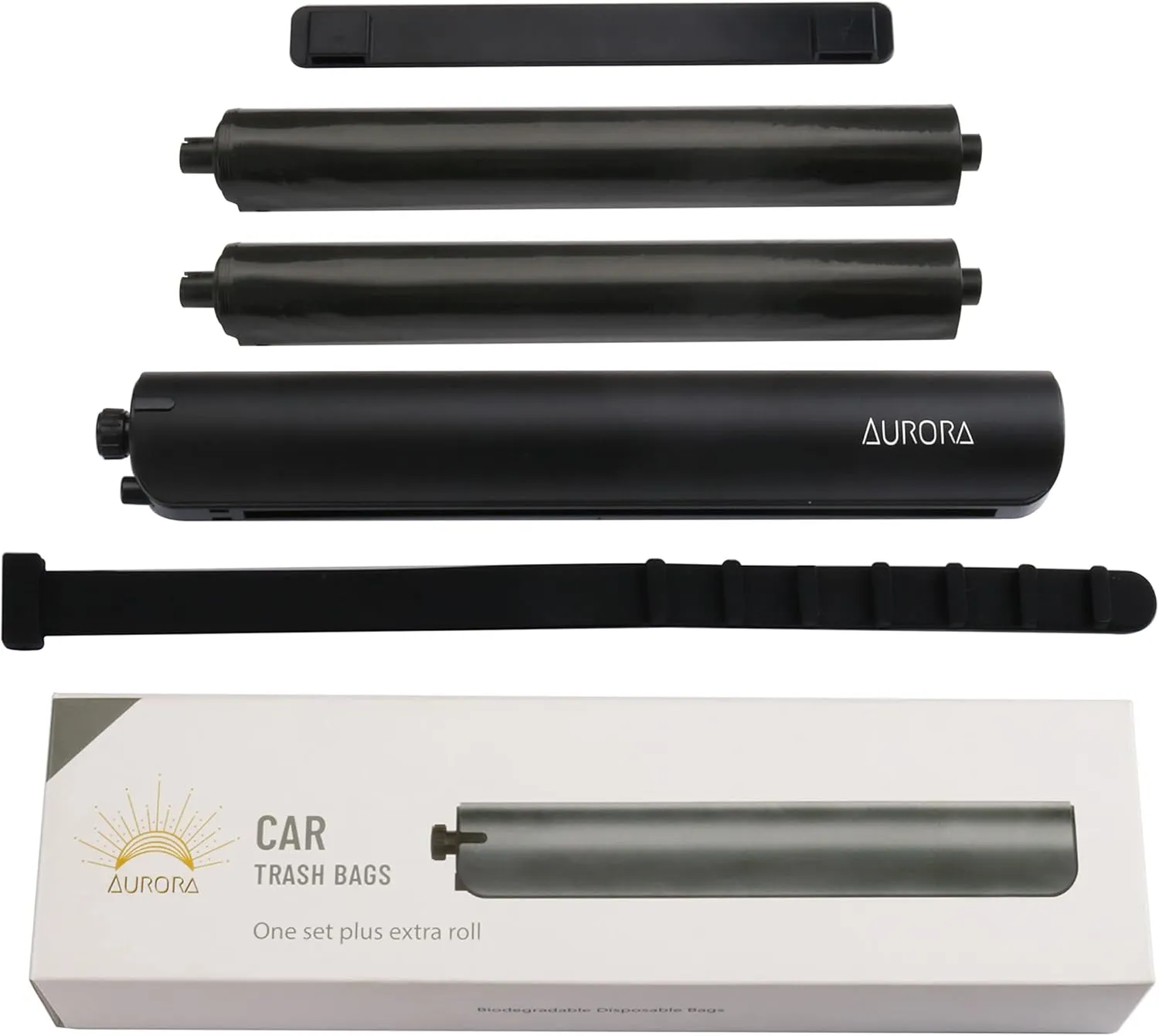 Aurora Multi-Purpose Trash Bag Dispenser Set - 2 Rolls of 20 Leak-Proof Bags, Aluminum Dispenser, Headrest & Self-Adhesive Straps (for Car, Office/Kitchen/Dorm)
