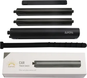 Aurora Multi-Purpose Trash Bag Dispenser Set - 2 Rolls of 20 Leak-Proof Bags, Aluminum Dispenser, Headrest & Self-Adhesive Straps (for Car, Office/Kitchen/Dorm)