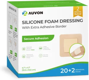 AUVON Silicone Foam Dressing with Large Adhesive Border, 4" x 4" 22 Packs Wound Dressing Bandage with High Absorbency, Waterproof Silicone Foam Pads for Wound Care, FSA/HSA Eligible