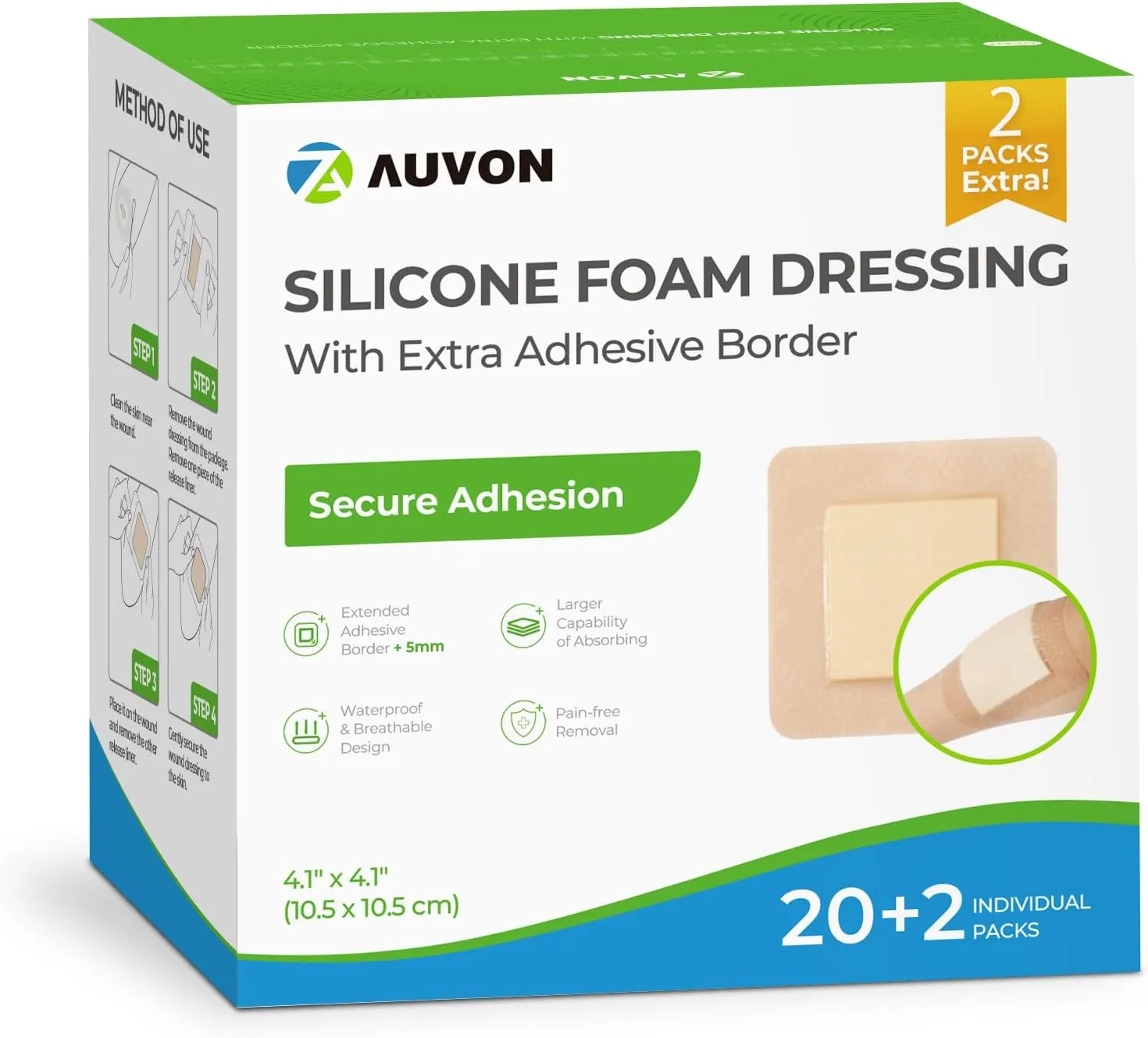 AUVON Silicone Foam Dressing with Large Adhesive Border, 4" x 4" 22 Packs Wound Dressing Bandage with High Absorbency, Waterproof Silicone Foam Pads for Wound Care, FSA/HSA Eligible