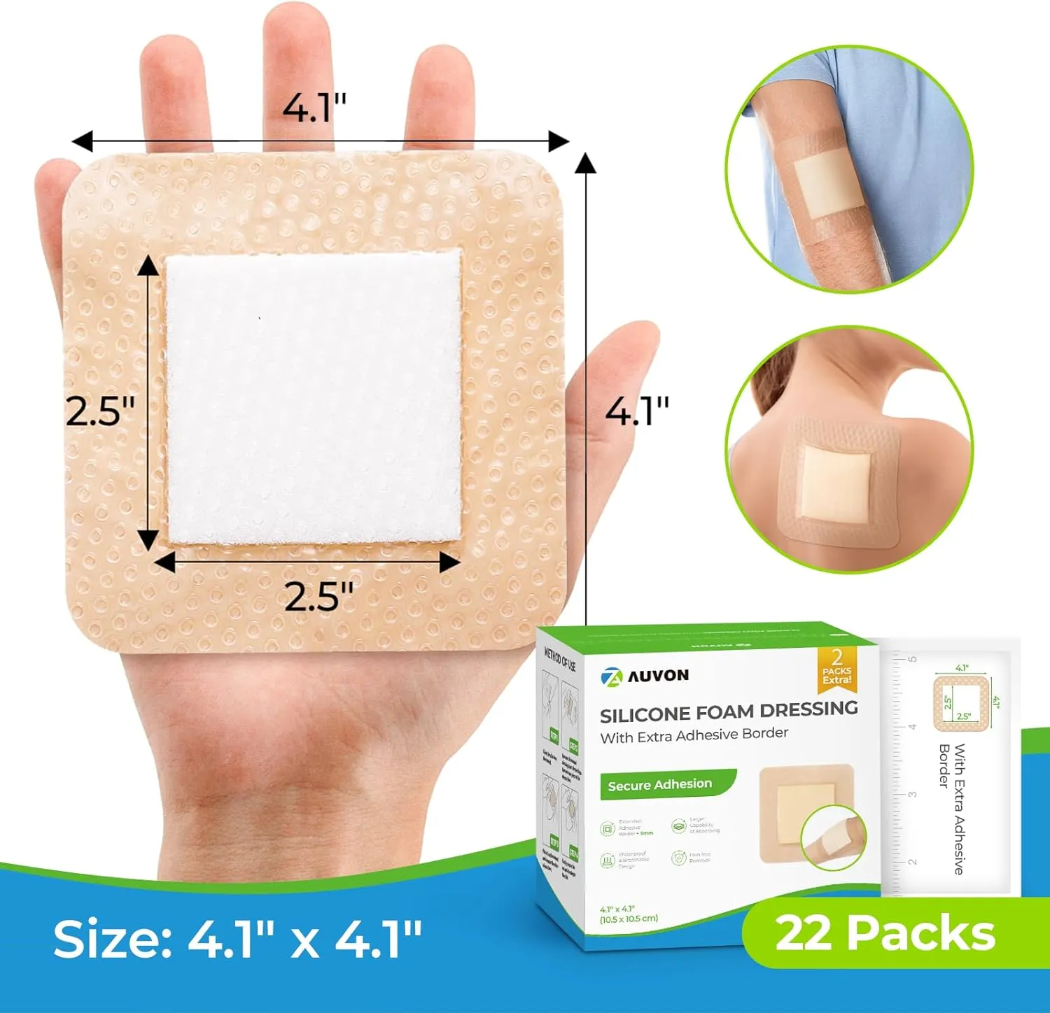 AUVON Silicone Foam Dressing with Large Adhesive Border, 4" x 4" 22 Packs Wound Dressing Bandage with High Absorbency, Waterproof Silicone Foam Pads for Wound Care, FSA/HSA Eligible
