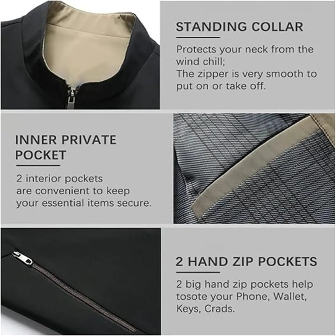 Aviation Men's Standing Collar Zipper Casual Jacket, Aviationp Men's Lightweight Zip Up Jacket Blazer With Pocket