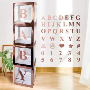 Baby Shower Decoration Boxes Kit, 4 pcs Rose Gold Transparent Balloon Boxes with 30 Letters 10 Numbers 5 Symbols, Baby Blocks for Baby Shower Gender Reveal Backdrop Birthday Party Decor