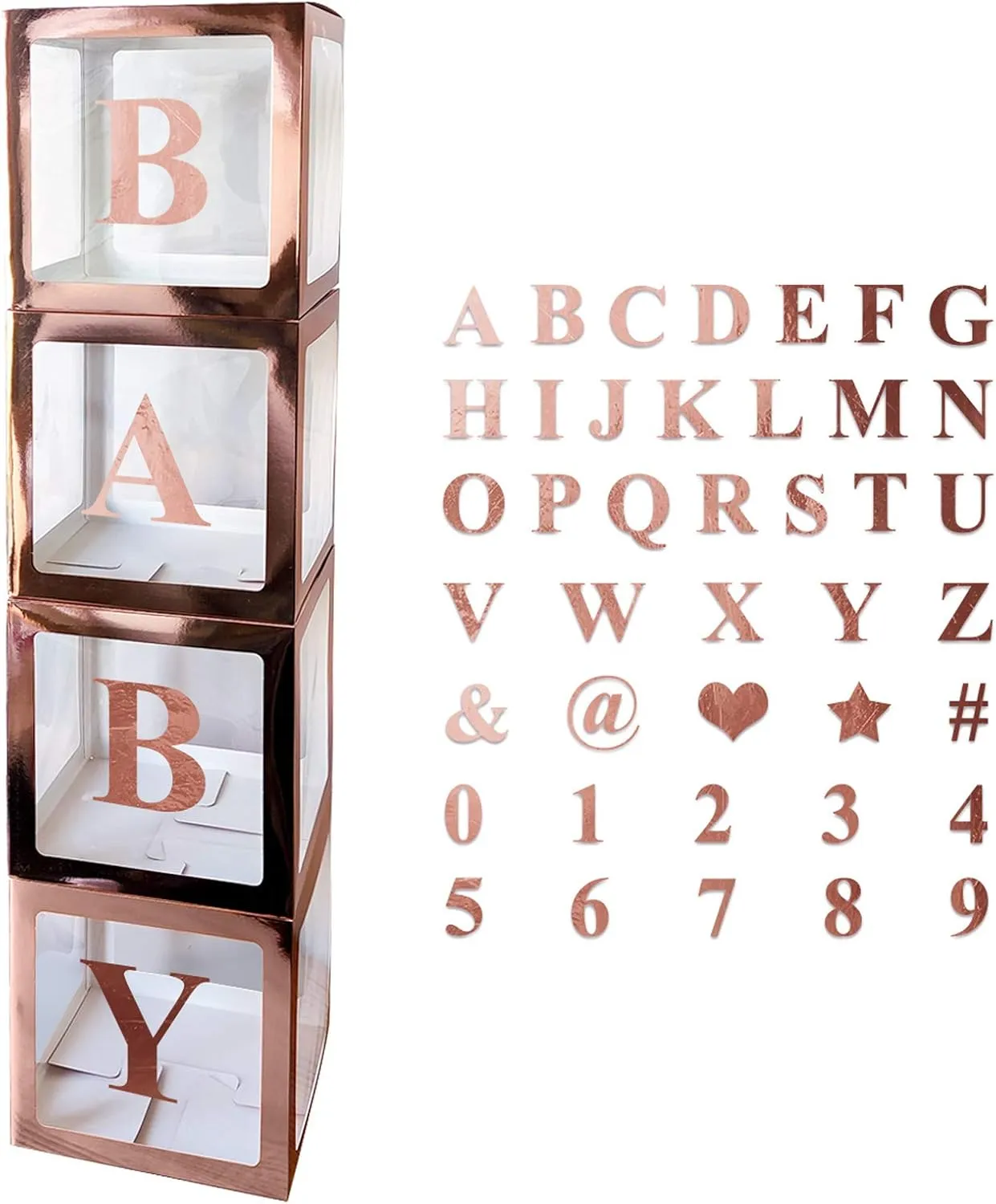 Baby Shower Decoration Boxes Kit, 4 pcs Rose Gold Transparent Balloon Boxes with 30 Letters 10 Numbers 5 Symbols, Baby Blocks for Baby Shower Gender Reveal Backdrop Birthday Party Decor