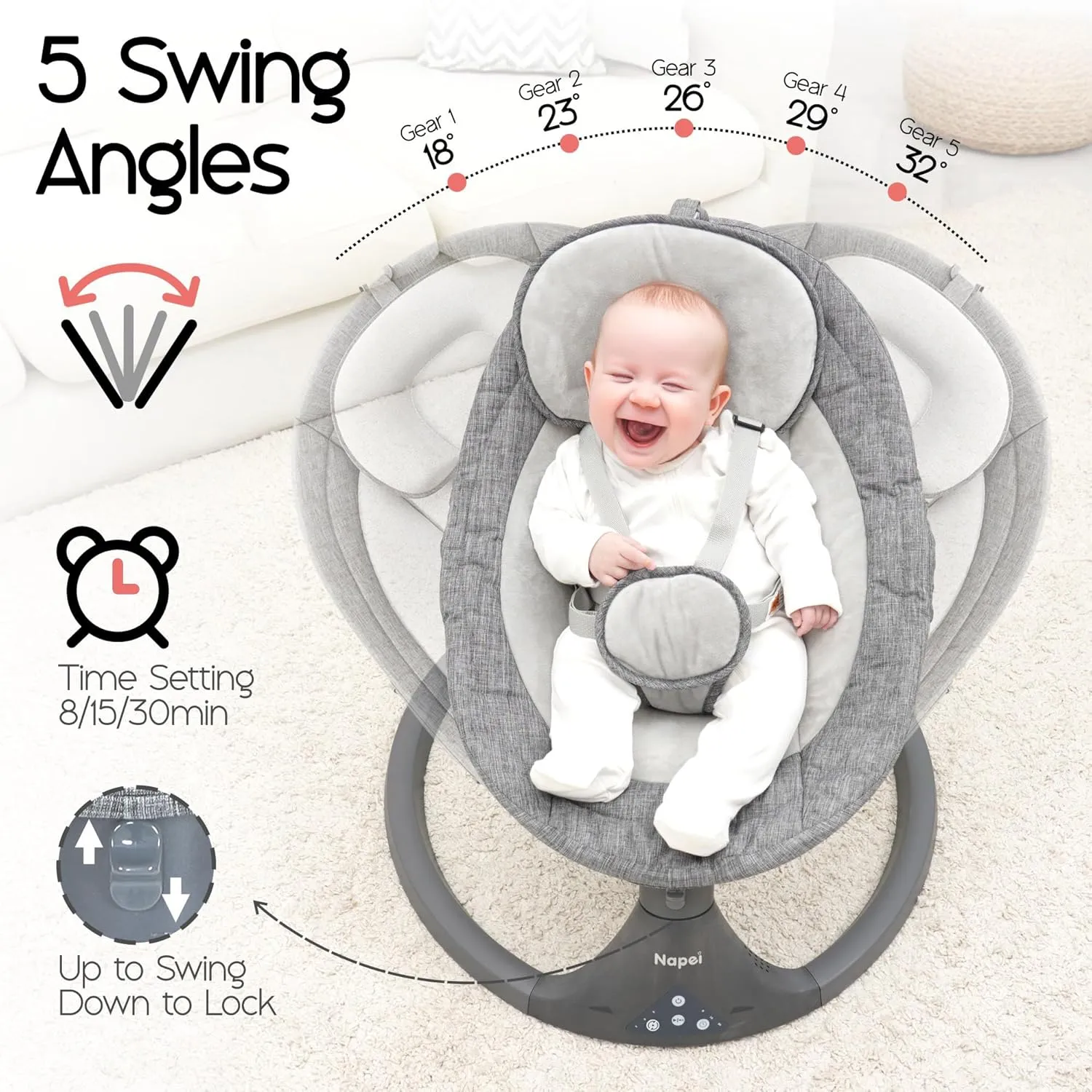 Baby Swings for Infants to Toddler, Electric Baby Swing and Infant Swings for Newborn, 10 Music with Remote Control and Bluetooth, 5 Swing Angles with Gentle Speed, 2 Seat Position, 0-9 Month (Gray)