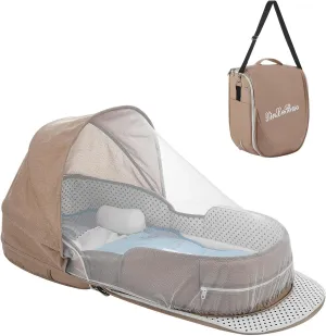 Baby Travel Bassinet Portable Bassinets, Foldable Carry Bag Bassinet Travel Crib, Lightweight Baby Lounger Pod Infant Bed with 2-1 Mosquito & Canopy (Khaki)