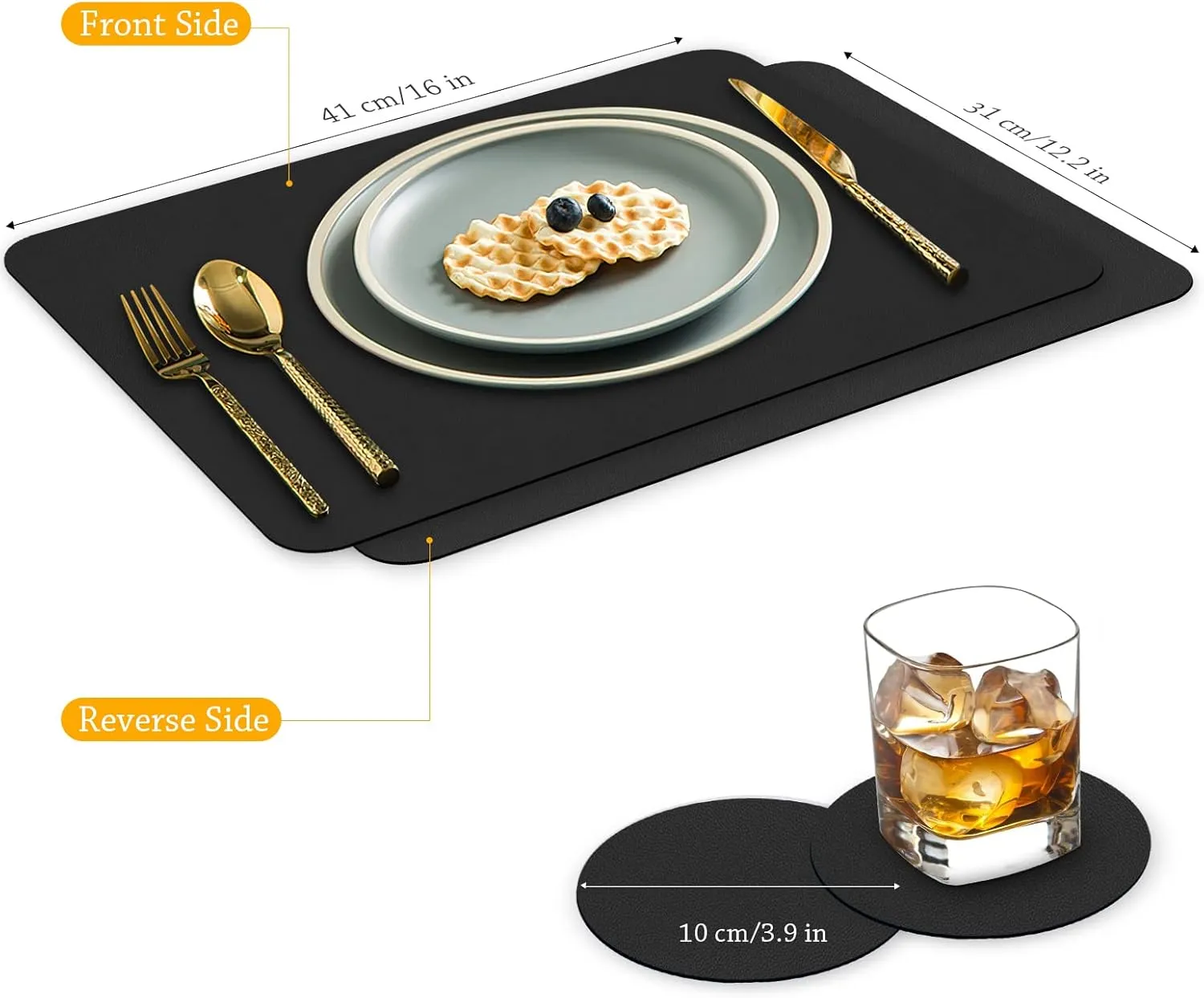 Bacgnyer Placemats Set of 8, Placemat with Coasters Heat Stain Scratch Resistant Non-Slip Waterproof Oil-Proof Washable Wipeable Outdoor Indoor for Dining Patio Table Kitchen Decor and Kids (Black 8)