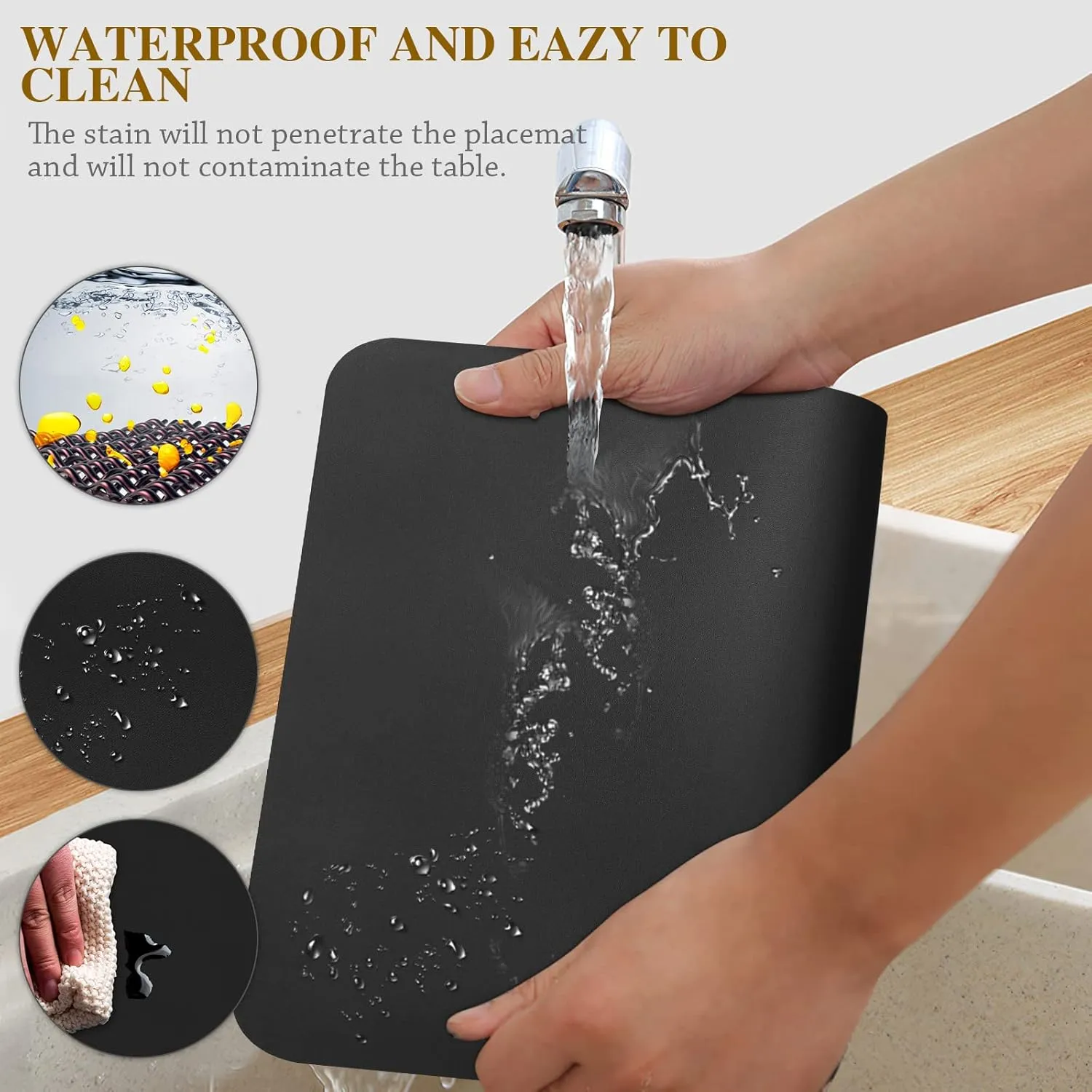 Bacgnyer Placemats Set of 8, Placemat with Coasters Heat Stain Scratch Resistant Non-Slip Waterproof Oil-Proof Washable Wipeable Outdoor Indoor for Dining Patio Table Kitchen Decor and Kids (Black 8)